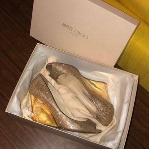 Jimmy Choo Gold Baxen Glitter Wedge Pumps